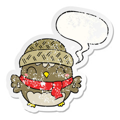 cute cartoon owl in hat and speech bubble distressed sticker