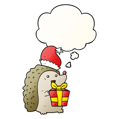 cartoon hedgehog wearing christmas hat and thought bubble in smooth gradient style