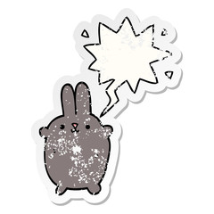 cartoon rabbit and speech bubble distressed sticker