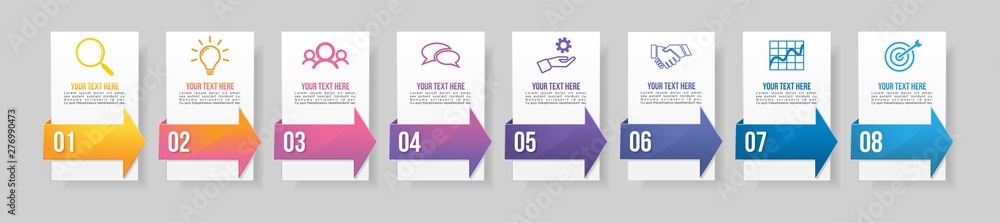 Sticker timeline infographic design template with 8 options steps. start to goal line process. used for info