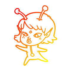 warm gradient line drawing pretty cartoon alien girl