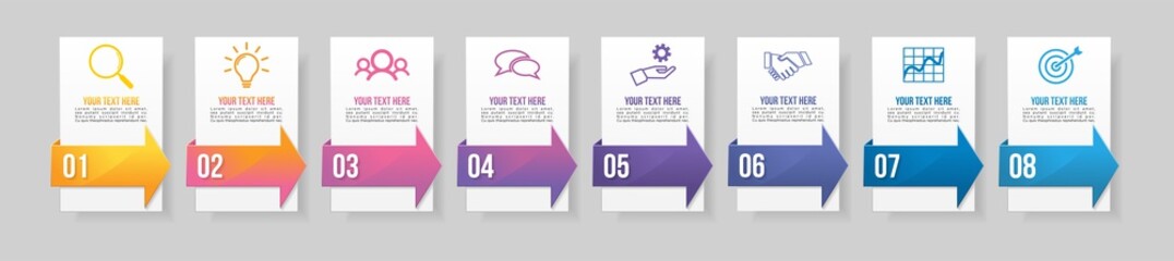 Timeline Infographic Design Template with 8 Options Steps. Start to goal line process. Used for info graph, presentations, process, diagrams, annual reports, workflow layout. Vector Illustration