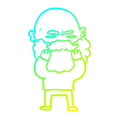 cold gradient line drawing cartoon man with beard frowning checking his beard