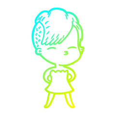 cold gradient line drawing cartoon squinting girl in dress