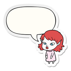 cartoon elf girl and pointy ears and speech bubble sticker