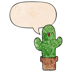 cartoon cactus and speech bubble in retro texture style