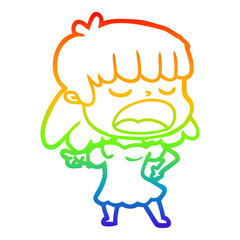 rainbow gradient line drawing cartoon woman talking loudly