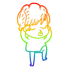 rainbow gradient line drawing cartoon woman with eyes shut