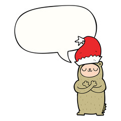 cartoon bear wearing christmas hat and speech bubble