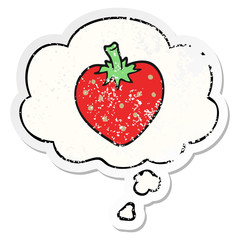 cartoon strawberry and thought bubble as a distressed worn sticker