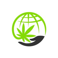 globe logo accompanied concept of cannabis and hands