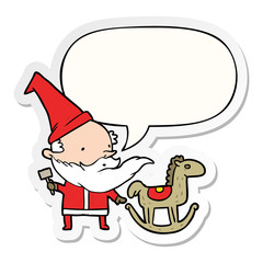 cartoon santa (or elf) making a rocking horse and speech bubble sticker