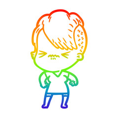 rainbow gradient line drawing cartoon annoyed hipster girl