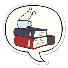cartoon books and coffee cup and speech bubble sticker