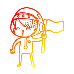 warm gradient line drawing happy cartoon space girl holding flag