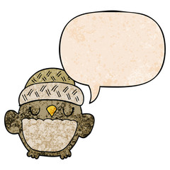 cute cartoon owl in hat and speech bubble in retro texture style