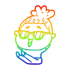 rainbow gradient line drawing cartoon happy woman wearing spectacles