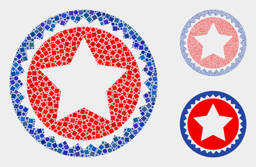Mosaic Star seal stamp icon composed of spheric and square items in random sizes, positions and proportions. Vector round and square spots are composed into abstract mosaic star seal stamp icons.