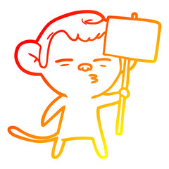 warm gradient line drawing cartoon suspicious monkey with signpost