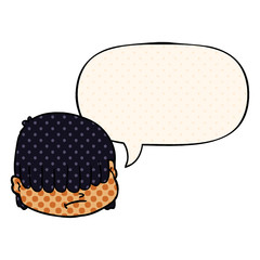 cartoon face and hair over eyes and speech bubble in comic book style