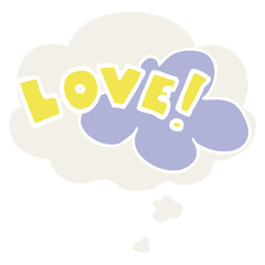 cartoon word love and thought bubble in retro style
