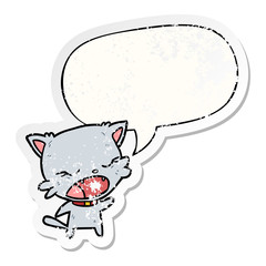 cute cartoon cat talking and speech bubble distressed sticker