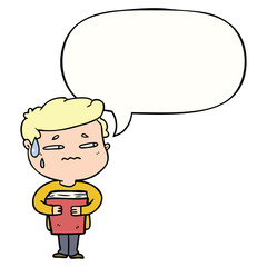 cartoon anxious boy carrying book and speech bubble