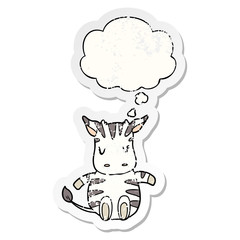 cartoon zebra and thought bubble as a distressed worn sticker