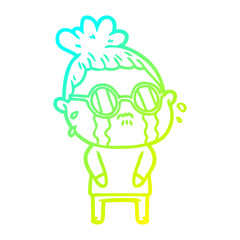 cold gradient line drawing cartoon crying woman wearing spectacles
