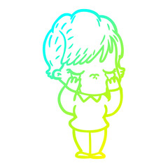 cold gradient line drawing cartoon woman crying