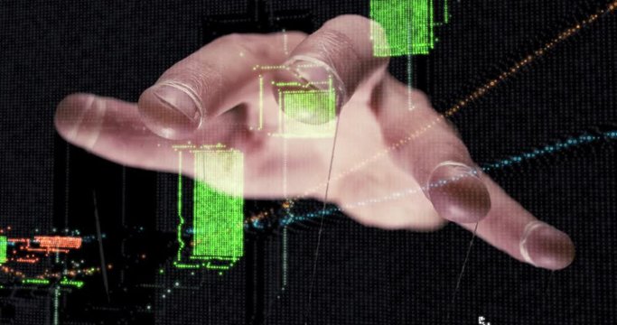 Large puppet master hand controlling the stock market concept