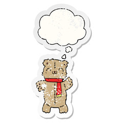 cartoon teddy bear and thought bubble as a distressed worn sticker
