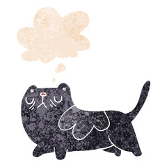 cartoon cat and thought bubble in retro textured style