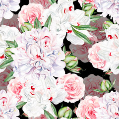 Beautiful watercolor seamless pattern with peony flower and roses.