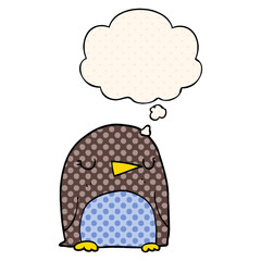 cartoon penguin and thought bubble in comic book style
