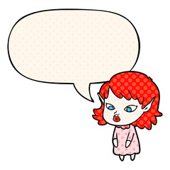 cartoon elf girl and pointy ears and speech bubble in comic book style
