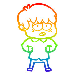 rainbow gradient line drawing cartoon exhausted boy