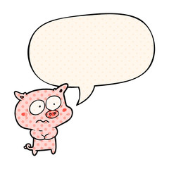 cartoon nervous pig and speech bubble in comic book style