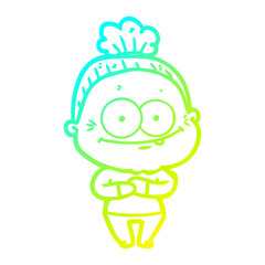 cold gradient line drawing cartoon happy old woman
