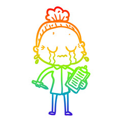 rainbow gradient line drawing cartoon crying old lady