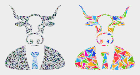 Bull boss mosaic icon of triangle items which have different sizes and shapes and colors. Geometric abstract vector illustration of bull boss.