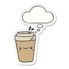cartoon takeaway coffee and thought bubble as a printed sticker