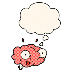 funny cartoon brain and thought bubble in comic book style