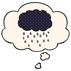 cartoon cloud raining and thought bubble in comic book style