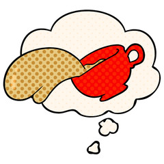cartoon coffee cup and thought bubble in comic book style
