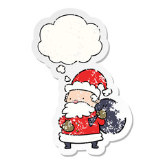cartoon santa claus and thought bubble as a distressed worn sticker