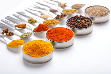 Various spices ( cumin, coriander, curry, paprika, chili, turmeric cinnamon, fenugreek, cardamom, basil leaf, parsley, cloves )  in  spoons on white background. Top view with copy space.