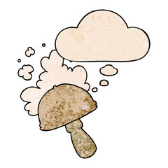 cartoon mushroom with spore cloud and thought bubble in grunge texture pattern style