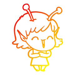 warm gradient line drawing cartoon happy alien girl