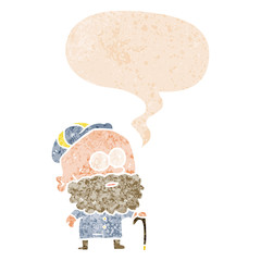cartoon old man with walking stick and speech bubble in retro textured style